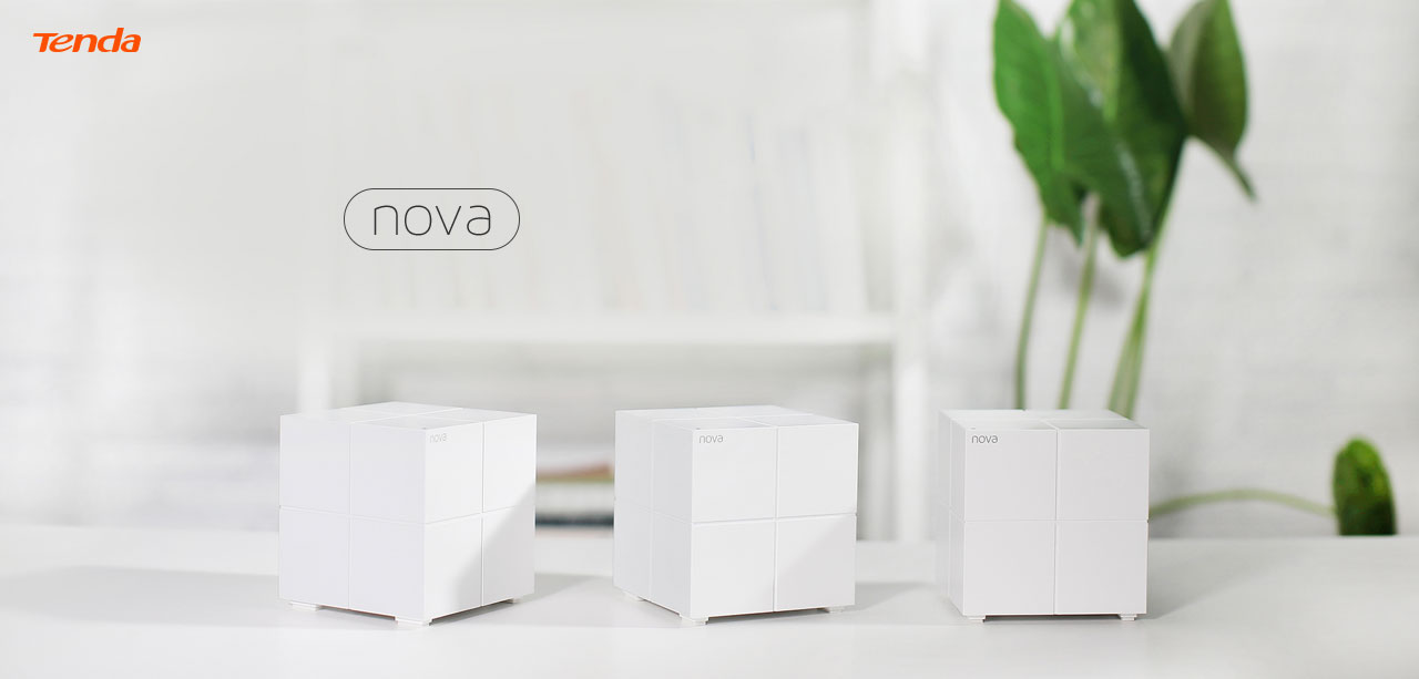 Three Nova MW6 units on a desk in a living room, with green plant in blurred background